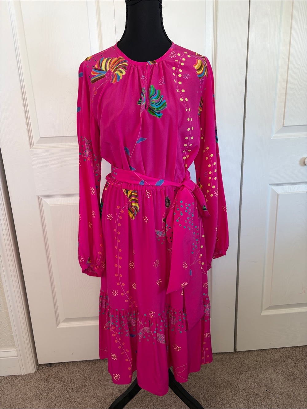 Soler Fuschia Pink Silk Floral Print Long Sleeve Tiered Midi Summer Dress Large